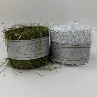 Lot of 2 Flutter Eyelash Novelty Yarn 20g 75yd Green Copper 137 & White Silver