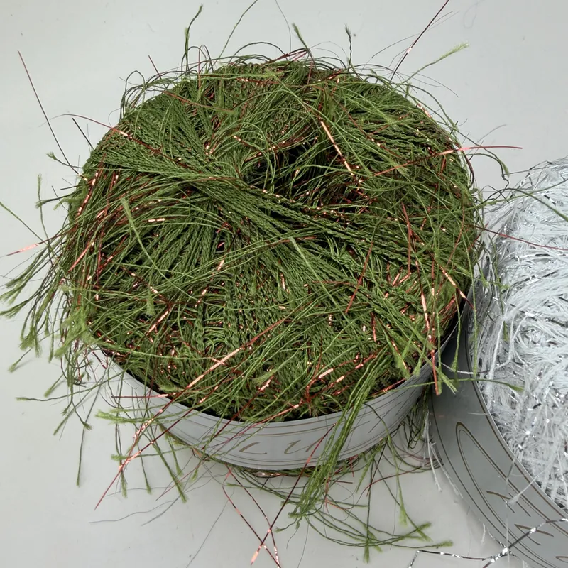 Lot of 2 Flutter Eyelash Novelty Yarn 20g 75yd Green Copper 137 & White Silver