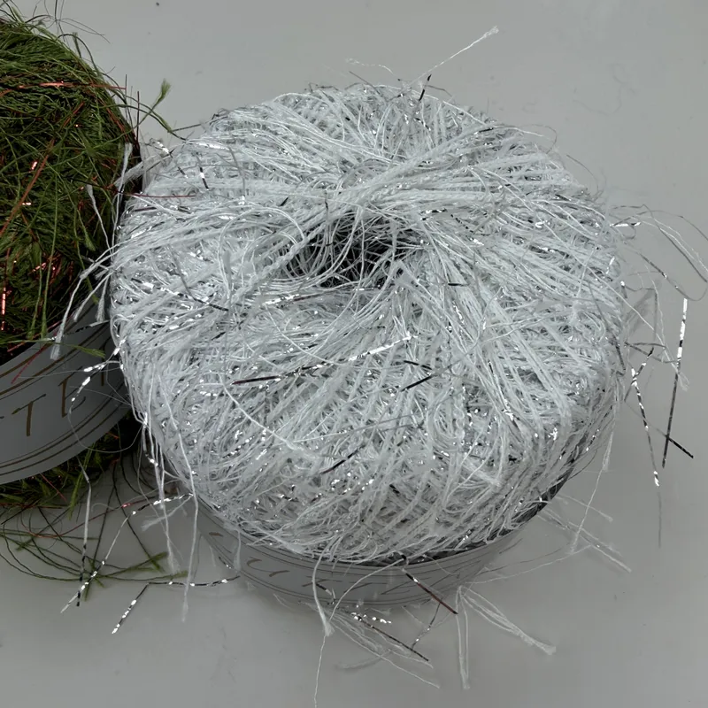 Lot of 2 Flutter Eyelash Novelty Yarn 20g 75yd Green Copper 137 & White Silver