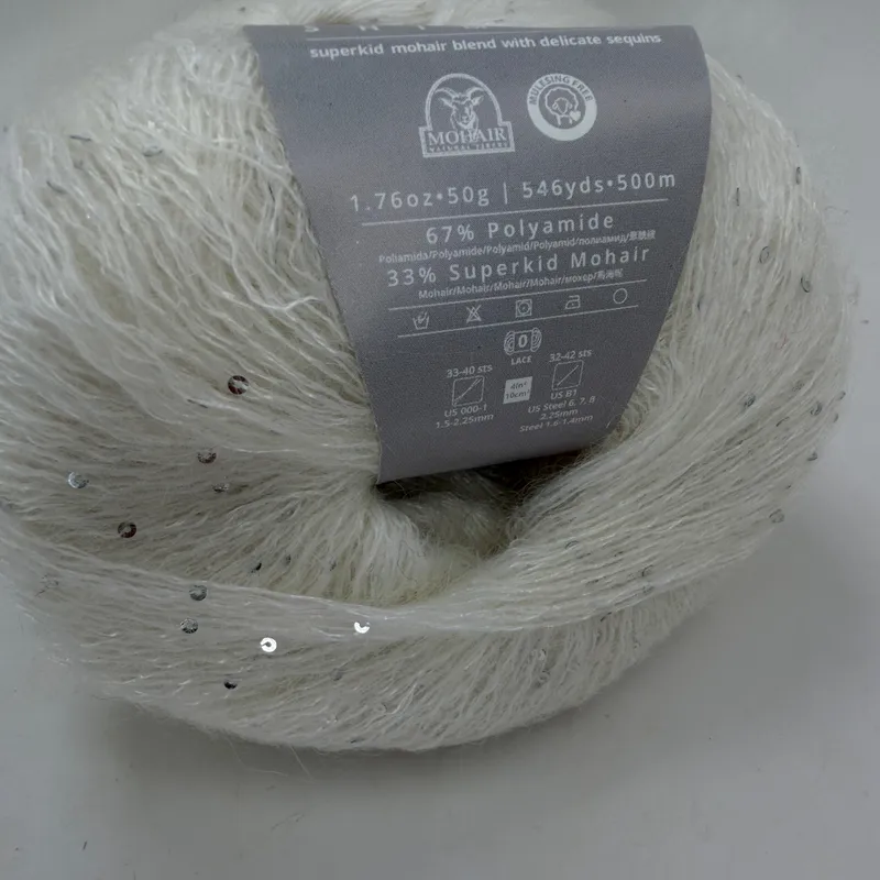Lot of 2 Ella Rae Shimmer Superkid Mohair Yarn White Sequins Color 01 Adorn 50g