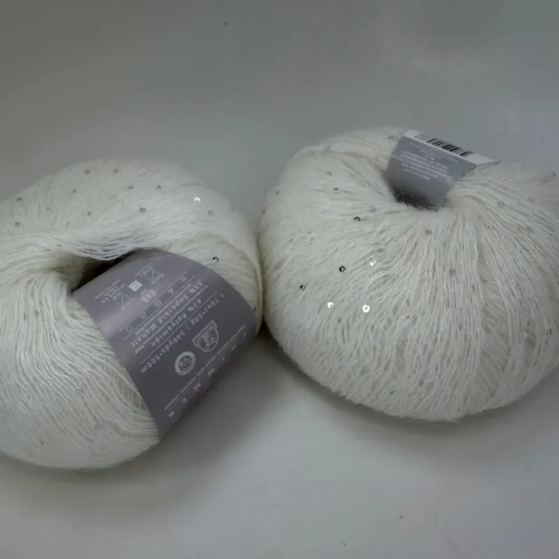 Lot of 2 Ella Rae Shimmer Superkid Mohair Yarn White Sequins Color 01 Adorn 50g