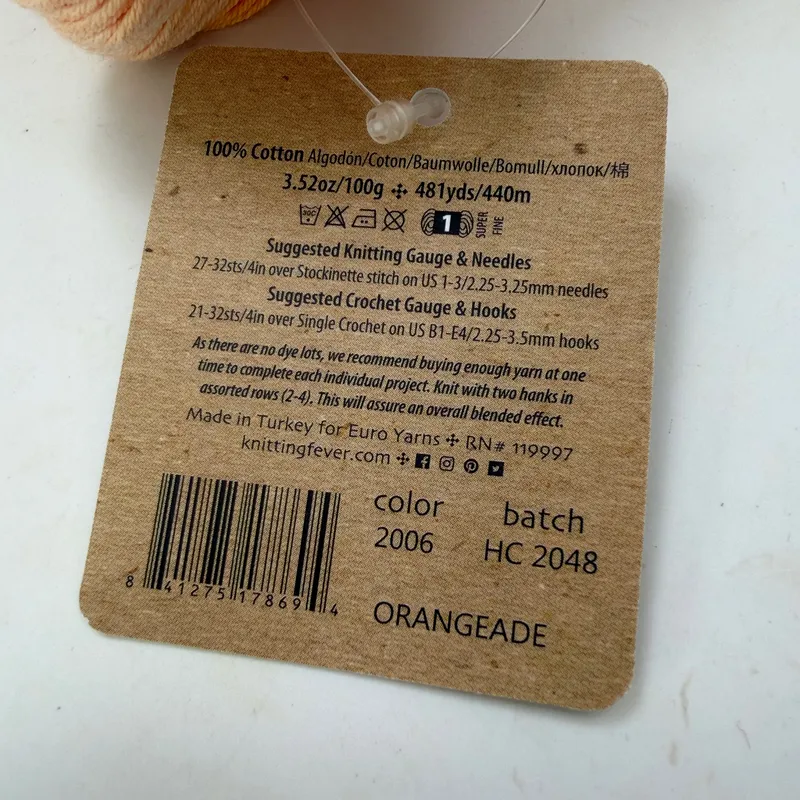 Araucania Huasco Coton Kettle Dyes Yarn 100g 481yd #2006 Orangeade 100% Cotton