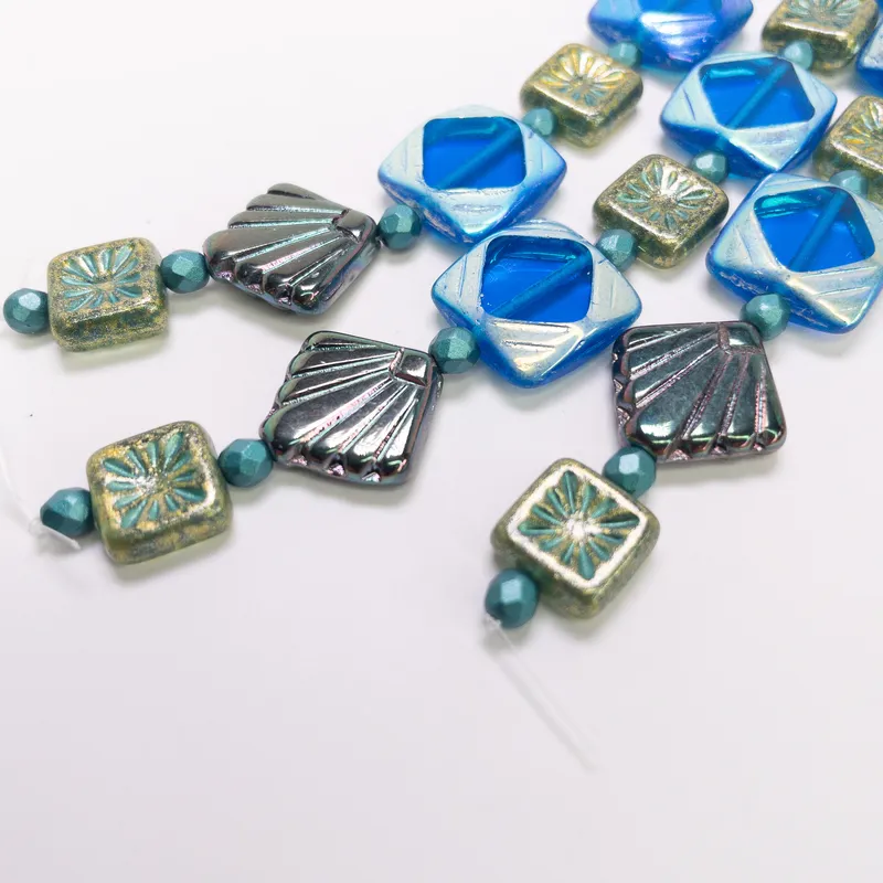 Czech Glass Table Cut Fire Polished Mixed Bead Strand 6" Blue Gold Gunmetal