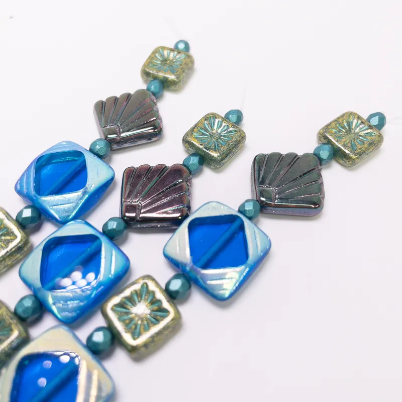 Czech Glass Table Cut Fire Polished Mixed Bead Strand 6" Blue Gold Gunmetal
