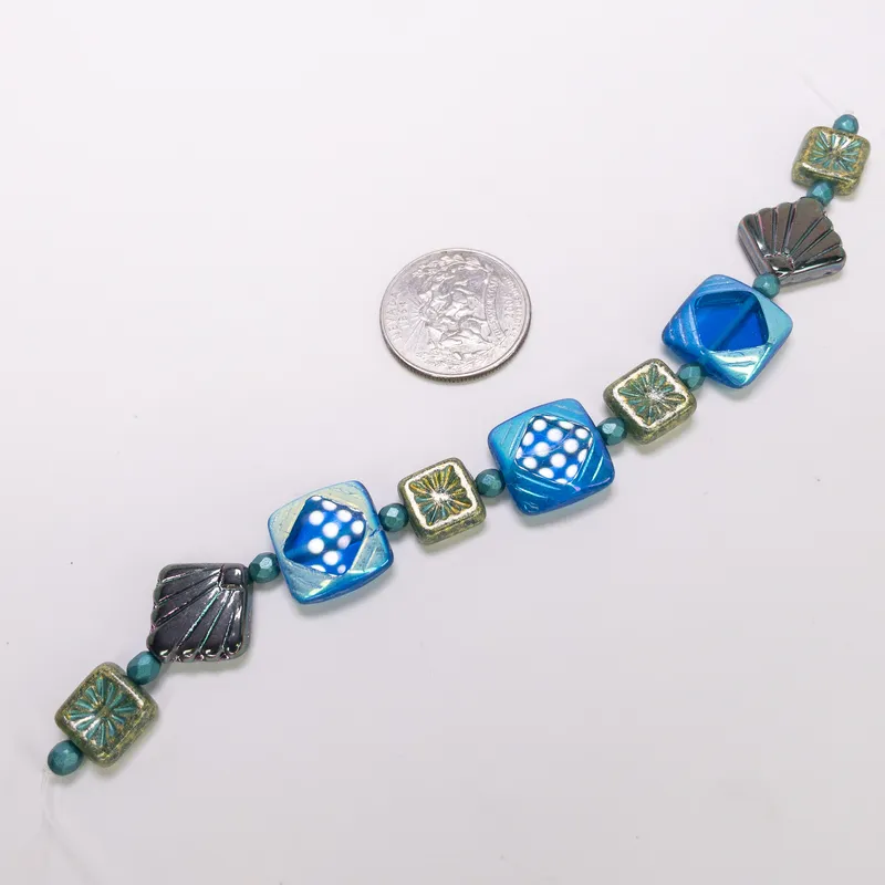 Czech Glass Table Cut Fire Polished Mixed Bead Strand 6" Blue Gold Gunmetal