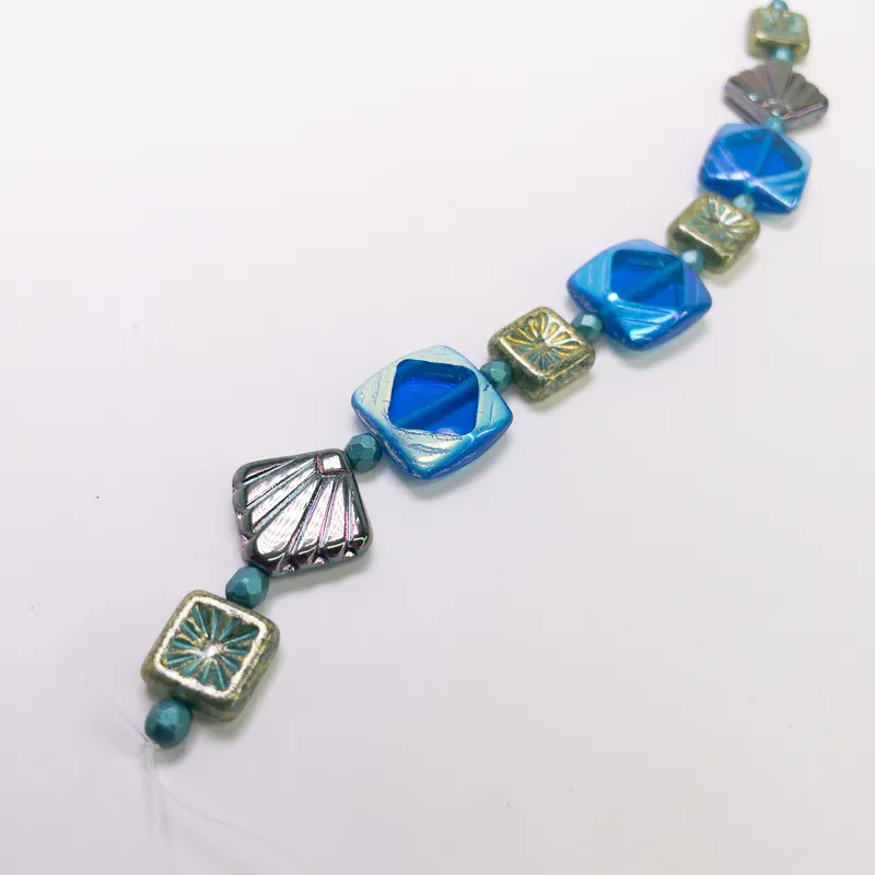 Czech Glass Table Cut Fire Polished Mixed Bead Strand 6" Blue Gold Gunmetal
