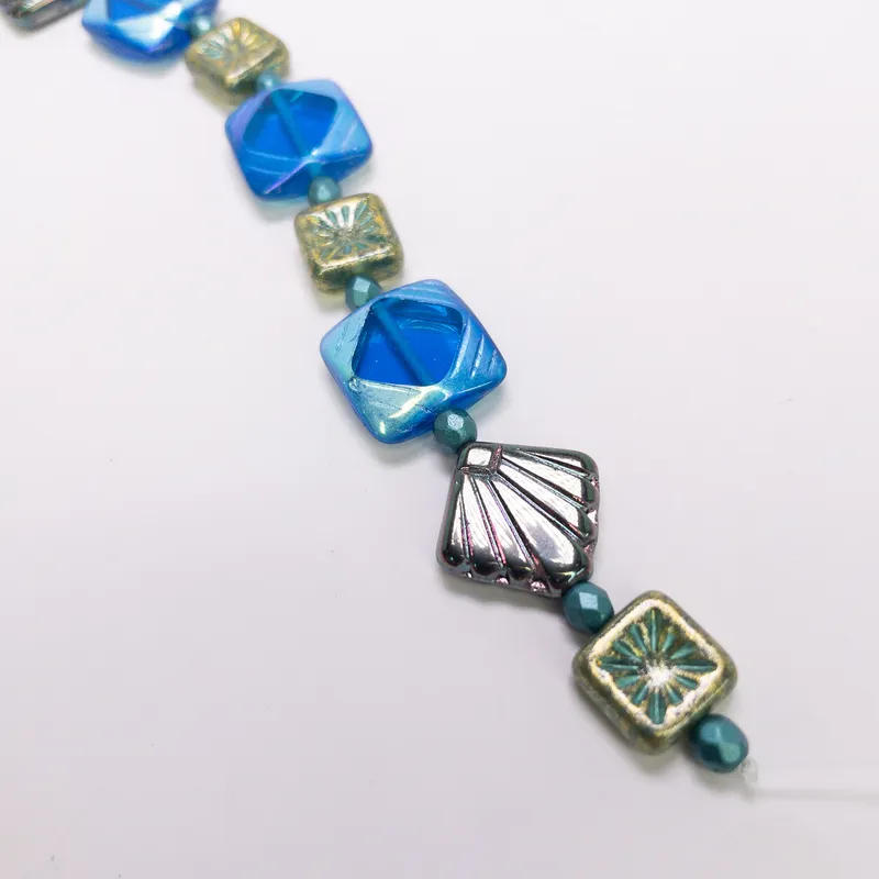 Czech Glass Table Cut Fire Polished Mixed Bead Strand 6" Blue Gold Gunmetal
