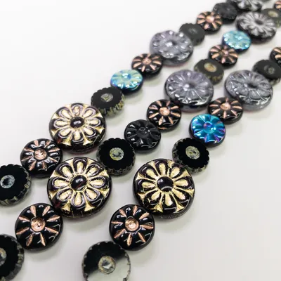 Czech Table Cut Fire Polished Glass Black Sunburst Flower Beads - 6" Strand