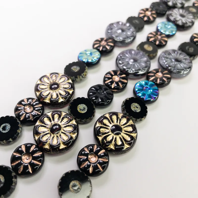 Czech Table Cut Fire Polished Glass Black Sunburst Flower Beads - 6" Strand
