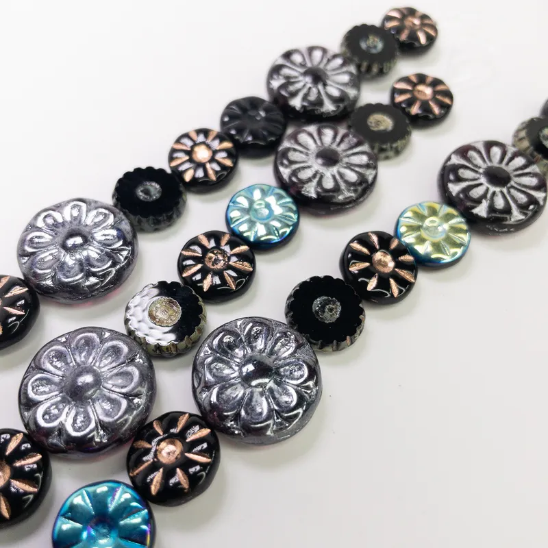Czech Table Cut Fire Polished Glass Black Sunburst Flower Beads - 6" Strand