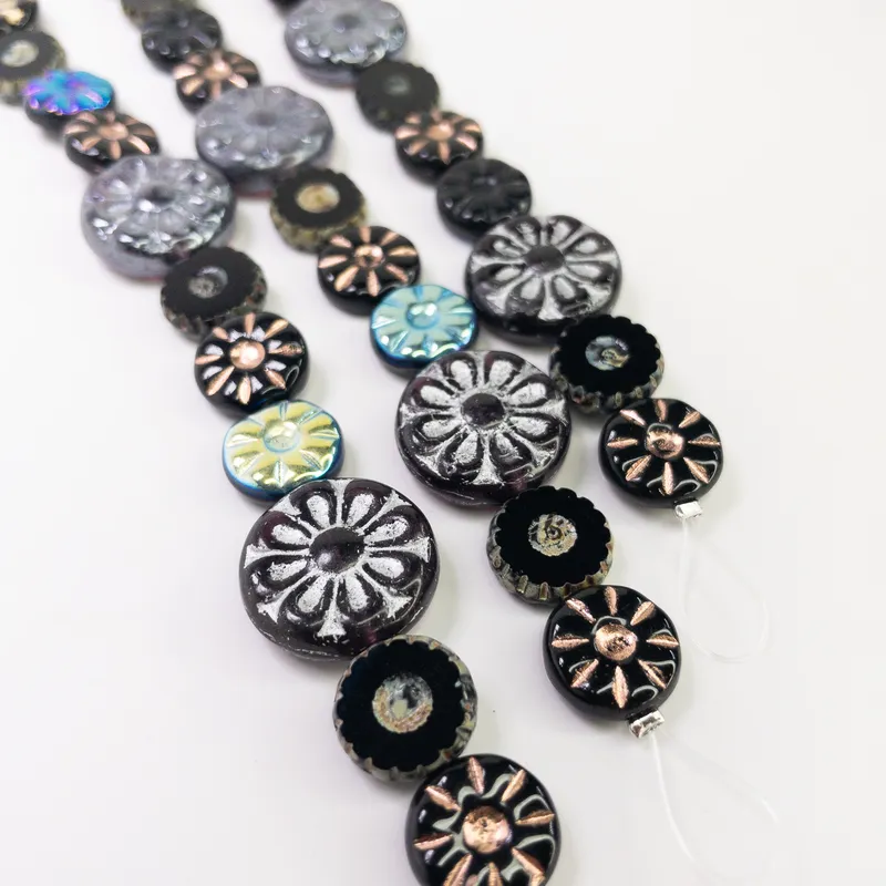 Czech Table Cut Fire Polished Glass Black Sunburst Flower Beads - 6" Strand