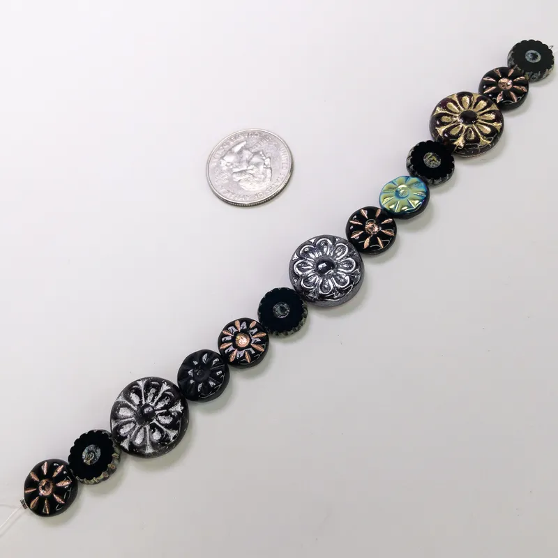Czech Table Cut Fire Polished Glass Black Sunburst Flower Beads - 6" Strand