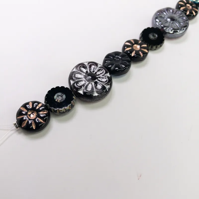 Czech Table Cut Fire Polished Glass Black Sunburst Flower Beads - 6" Strand
