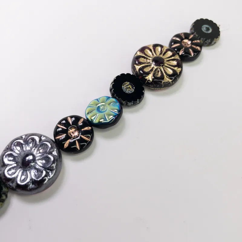 Czech Table Cut Fire Polished Glass Black Sunburst Flower Beads - 6" Strand