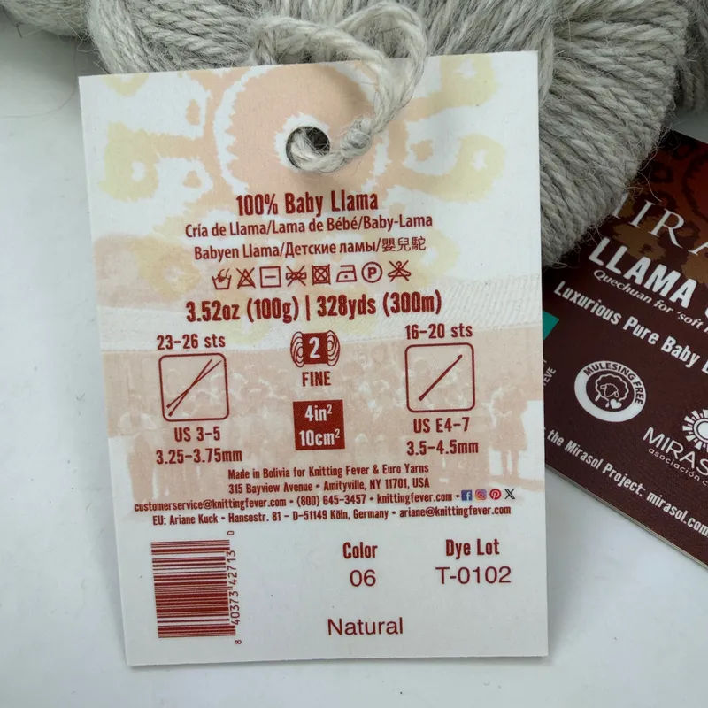 Lot of 2 Mirasol Llama Umi 100% Baby Llama Yarn Color 06 Natural 100g 328 Yds