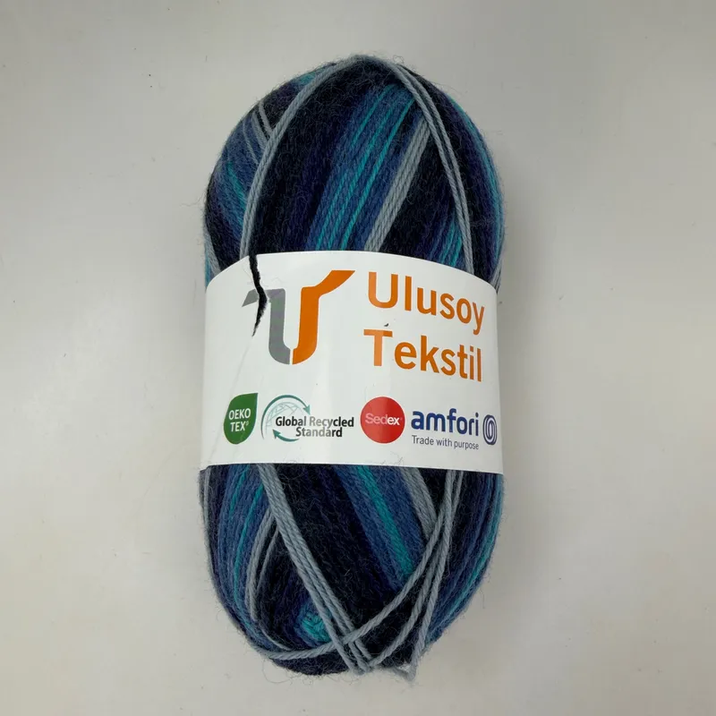 Ulusoy Tekstil Comfy Sock Yarn #07 Blue Teal Grey 100g 75% Wool 25% Nylon