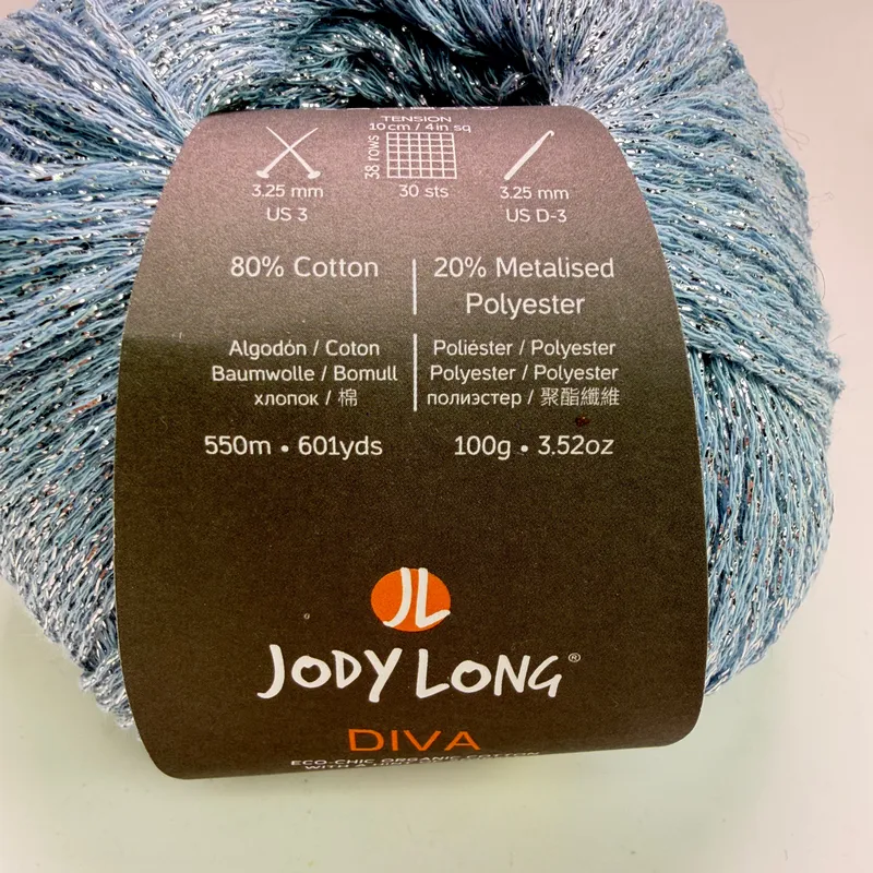 Lot of 2 Jody Long Diva Sparkle Yarn 008 Organic Cotton Blend 100g Each Blue