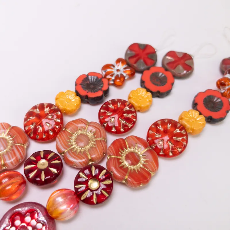 Czech Table Cut Glass Beads Orange Red Mix Single 6" Strand Pressed Glass