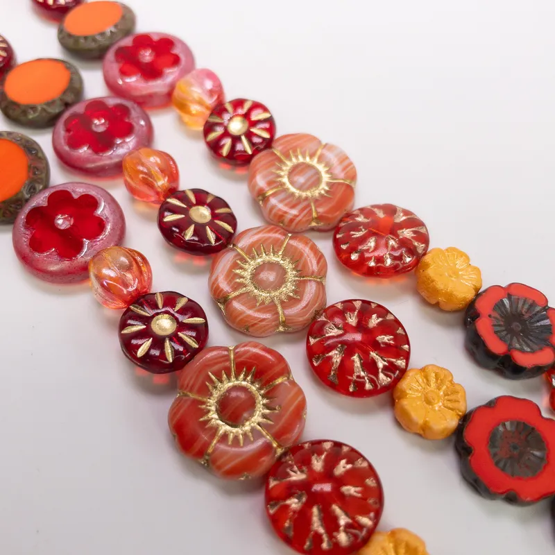 Czech Table Cut Glass Beads Orange Red Mix Single 6" Strand Pressed Glass