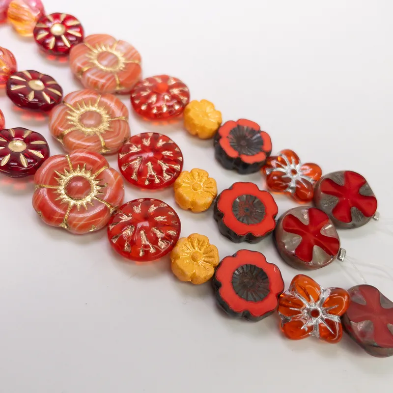 Czech Table Cut Glass Beads Orange Red Mix Single 6" Strand Pressed Glass