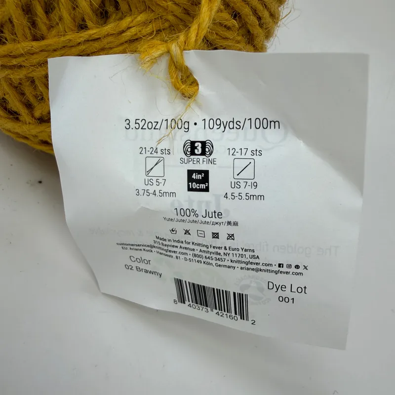 Queensland Collection 100% Jute Yarn 100g Color 02 Brawny Golden Yellow DK