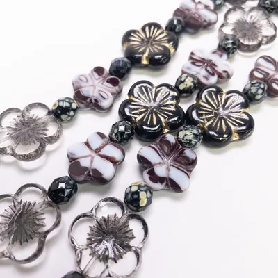 Czech Glass Table Cut Fire Polished Flower Bead Strand 6" Black Gold Grey