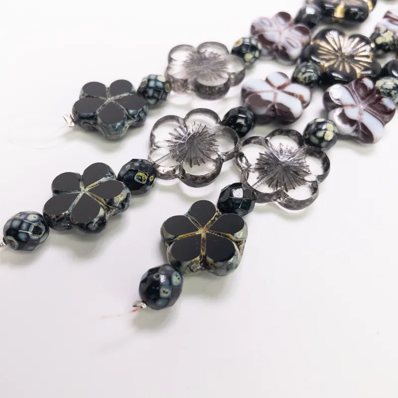 Czech Glass Table Cut Fire Polished Flower Bead Strand 6" Black Gold Grey