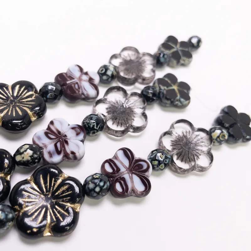 Czech Glass Table Cut Fire Polished Flower Bead Strand 6" Black Gold Grey