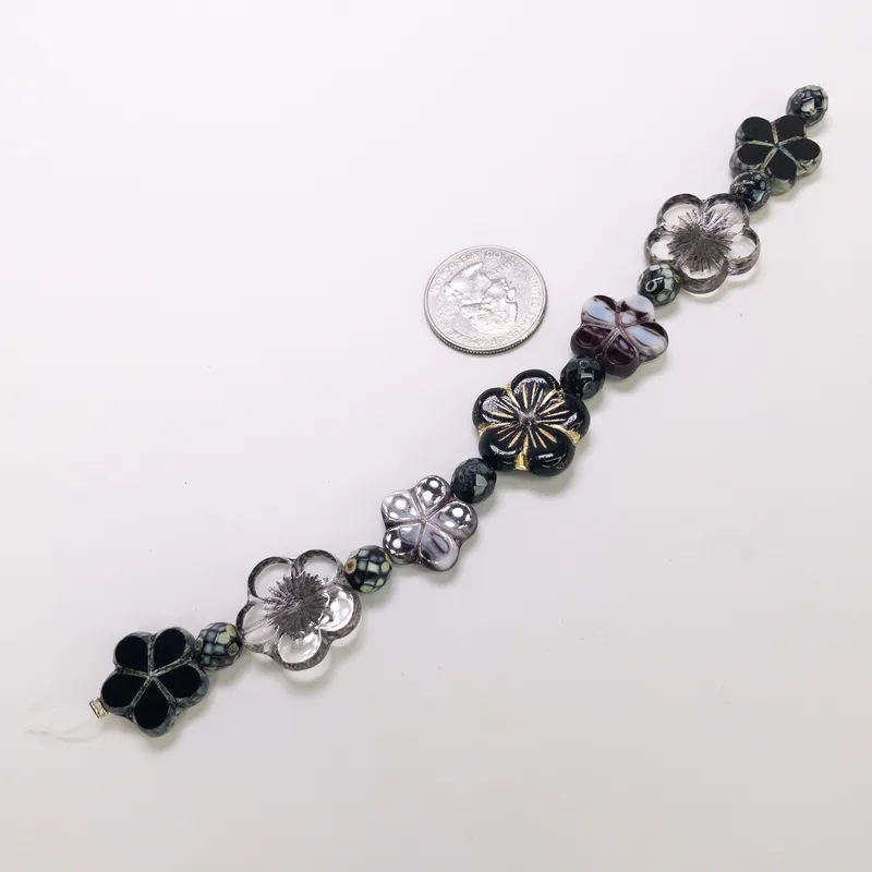 Czech Glass Table Cut Fire Polished Flower Bead Strand 6" Black Gold Grey