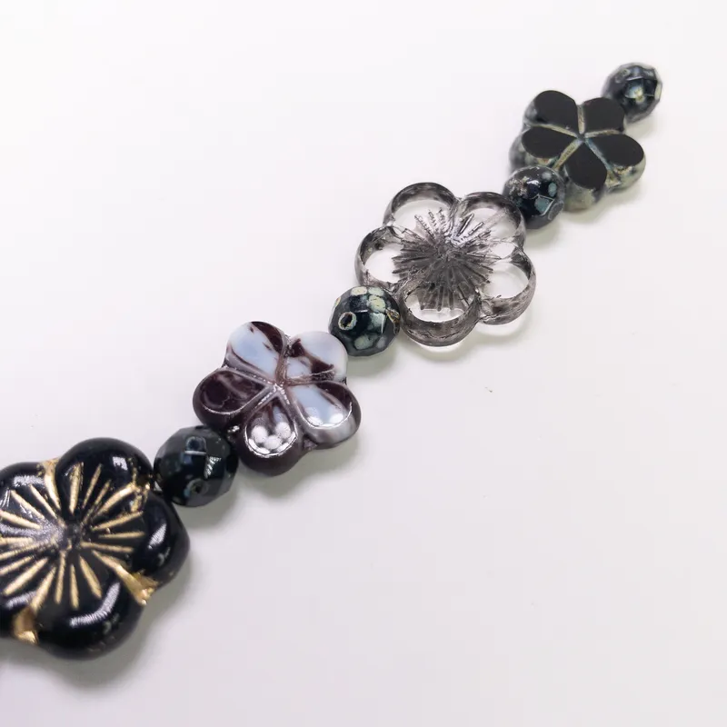 Czech Glass Table Cut Fire Polished Flower Bead Strand 6" Black Gold Grey
