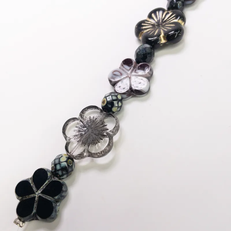 Czech Glass Table Cut Fire Polished Flower Bead Strand 6" Black Gold Grey