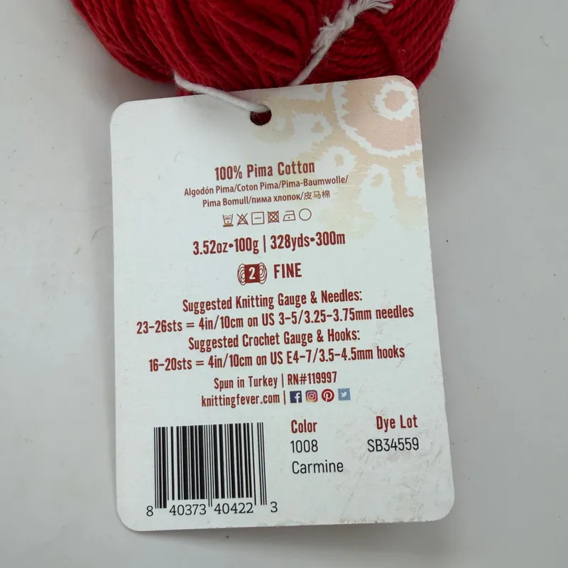Mirasol Pima Paka Yarn 100% Organic Peruvian Pima Cotton 100g Hank 1008 Carmine
