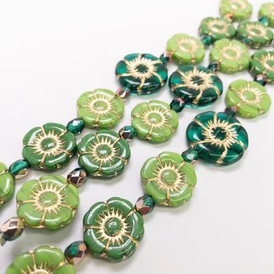 Czech Glass Table Cut Hibiscus Flower Beads 12mm Green Mix Gold Wash 6" Strand