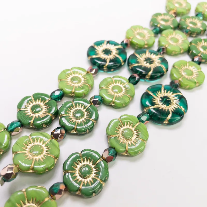 Czech Glass Table Cut Hibiscus Flower Beads 12mm Green Mix Gold Wash 6" Strand