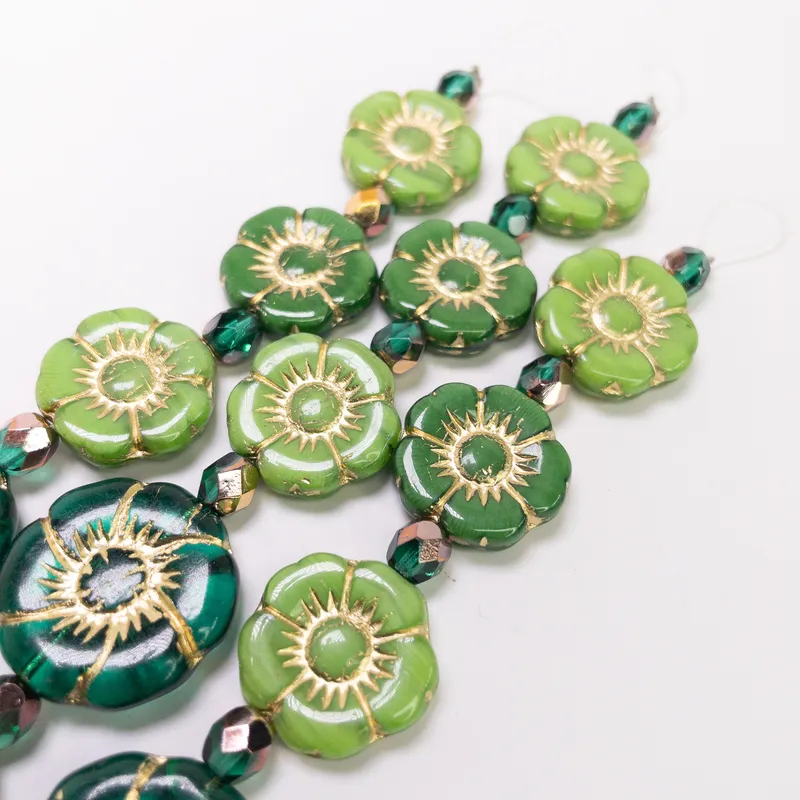 Czech Glass Table Cut Hibiscus Flower Beads 12mm Green Mix Gold Wash 6" Strand