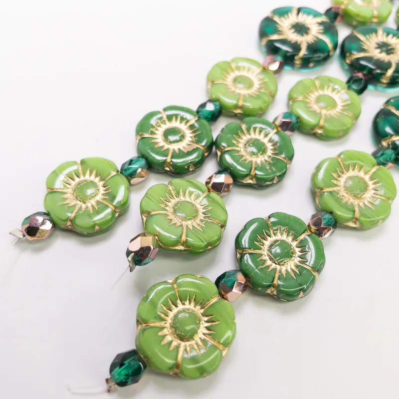 Czech Glass Table Cut Hibiscus Flower Beads 12mm Green Mix Gold Wash 6" Strand