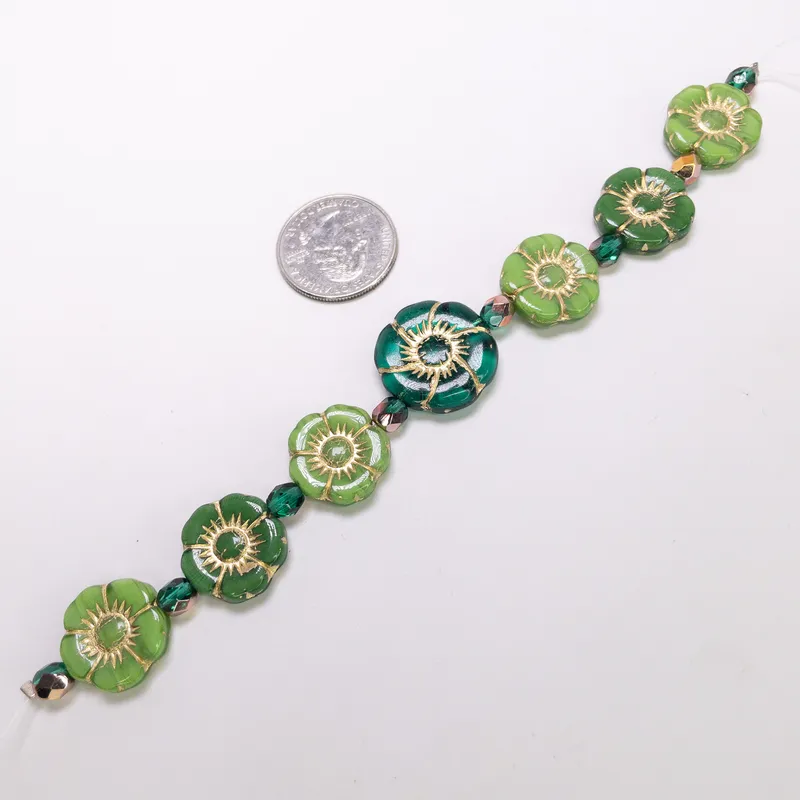Czech Glass Table Cut Hibiscus Flower Beads 12mm Green Mix Gold Wash 6" Strand