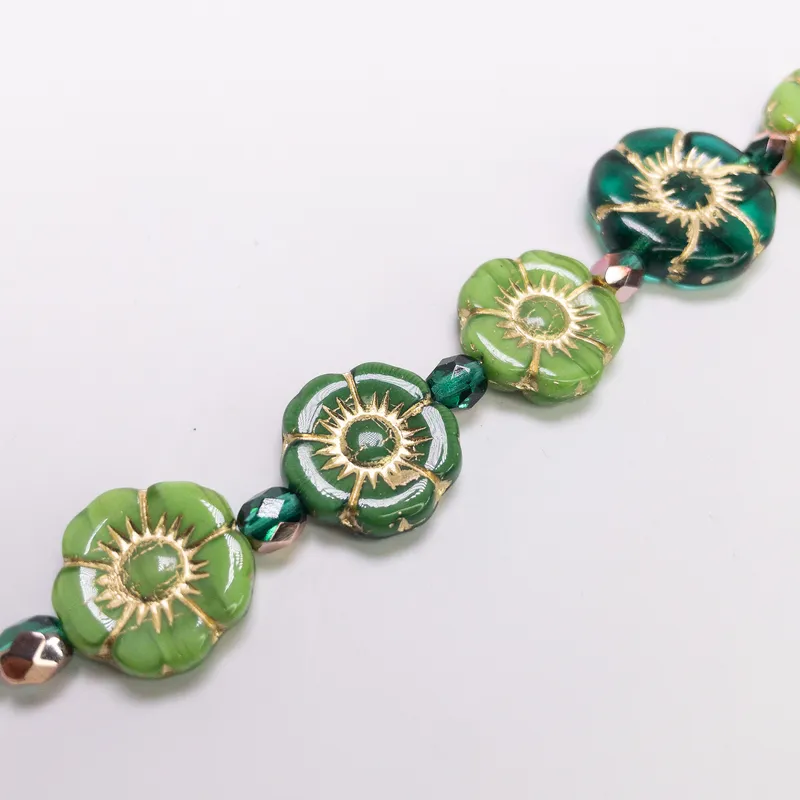 Czech Glass Table Cut Hibiscus Flower Beads 12mm Green Mix Gold Wash 6" Strand