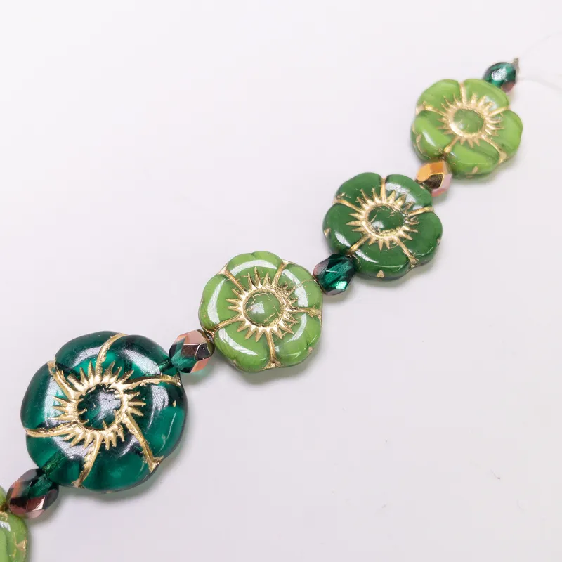 Czech Glass Table Cut Hibiscus Flower Beads 12mm Green Mix Gold Wash 6" Strand